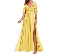 WSEYU Robes de demoiselle d'honneur à manches à volants pour mariage avec fente en mousseline de soie dos ouvert longues robes de bal avec poches, jaune, 48