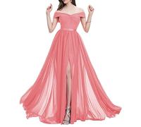 WSEYU Robes de demoiselle d'honneur longues à épaules dénudées avec fente en mousseline de soie, robes de bal plissées C108, corail, 38