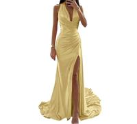 WSEYU Robes de demoiselle d'honneur longues en satin pour femme, invitées de mariage, sirène, plis fendus dos nu, doré, 38