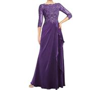 WSEYU Robes de mère de la mariée pour mariage manches longues 3/4 appliques en dentelle plissée robes de mère du marié encolure dégagée, violet, 42