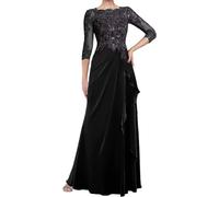 WSEYU Robes de mère de la mariée pour mariage manches longues 3/4 appliques en dentelle plissée robes de mère du marié encolure dégagée, Noir , 46