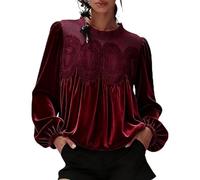 WSFYTAM Blouse pour Femmes À Manches Longues en Velours avec Dentelle, Haut Évasé Élégant, Col Rond Brodé, Manches Bouffantes, Style Babydoll, Blouses À Volants,Rouge,M