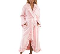 WSFYTAM Peignoir Flou Robe de Chambre Femme Longue Pyjama en Polaire Corail Doux Fluffy Volants Confortable Chaud Épais d'hiver avec Poches,Rose,XL