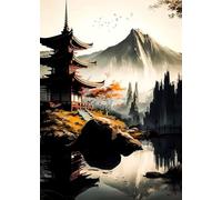 WSJIJY Impression sur Toile Affiche Artistique Rétro Classique Paysage Japonais Village Mont Fuji Peinture sur Toile Décoration Murale 15 X 20 Cm sans Cadre