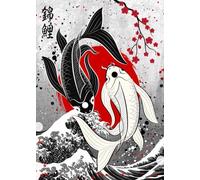 WSJIJY Impression sur Toile Affiches Murales Japonaises Représentant des Poissons Koï, Yin Yang Et La Grande Vague - Peintures Classiques, Décoration De Chambre, 70 X 100 Cm, sans Cadre