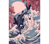 WSJIJY Impression sur Toile Affiches Murales Japonaises Représentant des Poissons Koï, Yin Yang Et La Grande Vague - Peintures Classiques, Décoration De Chambre, 70 X 100 Cm, sans Cadre