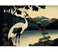 WSJIJY Impression sur Toile Grue Japonaise Aigle Armure Bleue Samouraï Temple Affiche Impression Murale Art Tableaux Toile Peinture Salon Chambre Décoration D’Intérieur 70X100Cm Aucun