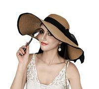 WSLCN Femme Chapeau de Soleil en Paille à Bord Large Capeline Pliable Plage Eté Anti-UV Décoration de Ruban Kaki (Bordure noire)