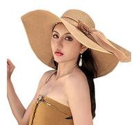 WSLCN Femme Chapeau de Soleil en Paille à Bord Large Capeline Pliable Plage Eté Anti-UV Décoration de Ruban Kaki