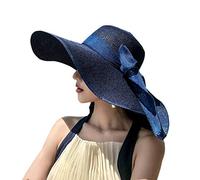 WSLCN Femme Chapeau de Soleil en Paille à Bord Large Capeline Pliable Plage Eté Anti-UV Décoration de Ruban Bleu marine