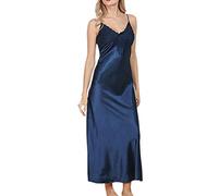 WSLCN Femme Chemises de Nuit Satin Dentelle Col V Profond Sling Nuisette Lingerie Sexy Peignoir Robe de Nuit Longue Robe de Chambre Sleepwear Bleu Foncé FR 50 (Asie XXL)