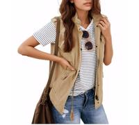 WSLCN Gilet Cargo Sans Manches pour Femme - Parka Courte avec Poches et Cordon de Serrage - Veste Zippée Femme Gilet Utilitaire sans Manches Anorak Beige XL