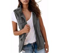 WSLCN Gilet Cargo Sans Manches pour Femme - Parka Courte avec Poches et Cordon de Serrage - Veste Zippée Femme Gilet Utilitaire sans Manches Anorak Gris XL