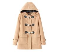 WSLCN Mid-Long Blouson à Capuche Femme Duffle Coat Bouton Corne Manteaux Hoodie Veste Décontractée Chaud en Drap Outwear Hiver Coat Automne Kaki FR 42 (Asian Large)