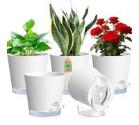 WSMKSZ Lot de 5 pots d'arrosage, 20 cm, en plastique, blanc | Pots de fleurs avec trous de drainage et soucoupe transparente, niveau d'eau visible, avec mèche en coton pour l'intérieur et