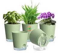 WSMKSZ Lot de 5 pots de fleurs, à arrosage automatique, en plastique, 10,2 cm, avec trous de drainage et réservoir d'eau transparent, niveau d'eau visible, avec mèche en coton, pour plantes