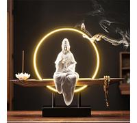 WSNCXFW Brûleur d'encens en céramique Bouddha Kwan Yin avec lumière LED, Statue Faite à la Main, brûleur d'encens à Reflux, bâton de Lotus, Porte-encens décoratif Zen,C