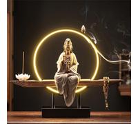WSNCXFW Brûleur d'encens en céramique Bouddha Kwan Yin avec lumière LED, Statue Faite à la Main, brûleur d'encens à Reflux, bâton de Lotus, Porte-encens décoratif Zen,A