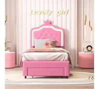 WSOFZMO Lit rembourré, 90 x 200 cm, pour enfant fille 140 x 200 cm, lit princesse, avec tiroir et sommier à lattes, avec espace de rangement, polyuréthane, sans matelas (rose 02, 90 x 200)