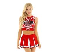 WSQHAO Costume de pom-pom child for femme, tenue uniforme, haut court à col montant avec mini-jupes plissées, costume carnaval Pour Adulte(Red B,M)