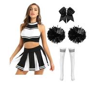 WSQHAO Costumes de pom-pom child, tenue danse d'écolière, uniforme for femmes, haut court, jupe plissée, chaussettes à pompons, costume performance Pour Adulte(Black B,L)
