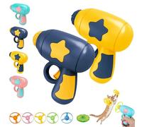 WstaIutno Interactive Cat Fetch Toy and Flying Cat Toy Set - Bamboo Dragonfly Catapult Pistol - Pet Disc Launcher with Accurate Dimensions for Active Indoor Play (Yellow+Dark Blue)