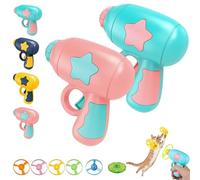 WstaIutno Interactive Cat Fetch Toy and Flying Cat Toy Set - Bamboo Dragonfly Catapult Pistol - Pet Disc Launcher with Accurate Dimensions for Active Indoor Play (Pink+Blue)