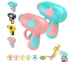 WstaIutno Interactive Cat Fetch Toy and Flying Cat Toy Set - Bamboo Dragonfly Catapult Pistol - Pet Disc Launcher with Accurate Dimensions for Active Indoor Play (Pink+Blue)