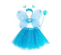 Wswqop 4 Pièces Ensemble de Costume Papillon Jupe Tutu Fille Ailes Accessoire Magique Polyester Doux Adapté pour Carnaval Spectacle Anniversaire Fête, Bleu