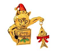 Wswqop Broche Chat de Noël Épingle à Vêtements Accessoire Corsage Chat Élégant Métal avec Poisson Créatif Adapté pour Mariage Fête Anniversaire Tenue Cadeau, Or