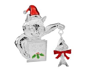 Wswqop Broche Chat de Noël Épingle à Vêtements Accessoire Corsage Chat Élégant Métal avec Poisson Créatif Adapté pour Mariage Fête Anniversaire Tenue Cadeau, Argent