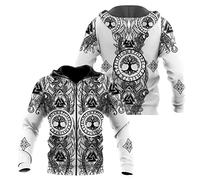 WSXJJ Sweat Capuche 3D Viking Odin Tatouage Hoodie Manches Longues, Veste Pull Décontracté pour Hommes Nordiques Vêtements Scandinaves,White Yggdrasil Zip,S