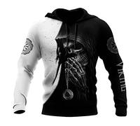 WSXJJ Sweat Capuche 3D Viking Odin Tatouage Hoodie Manches Longues, Veste Pull Décontracté pour Hommes Nordiques Vêtements Scandinaves,Viking Skull Hoodie,M