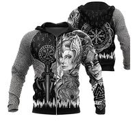 WSXJJ Sweat Capuche 3D Viking Odin Tatouage Hoodie Manches Longues, Veste Pull Décontracté pour Hommes Nordiques Vêtements Scandinaves,Valkyrie Zip,M