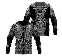 WSXJJ Sweat Capuche 3D Viking Odin Tatouage Hoodie Manches Longues, Veste Pull Décontracté pour Hommes Nordiques Vêtements Scandinaves,Black Yggdrasil Hoodie,L
