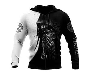 WSXJJ Sweat Capuche 3D Viking Odin Tatouage Hoodie Manches Longues, Veste Pull Décontracté pour Hommes Nordiques Vêtements Scandinaves,Viking Skull Zip,XL