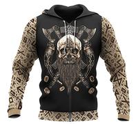 WSXJJ Tatouage Viking Valhalla Sweat-Shirt pour Hommes, Sweat Capuche Crâne Guerrier Nordique Chemise 3D Pull Décontracté Veste Cadeau,Skull Vegvisir Zipper,XL