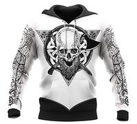 WSXJJ Tatouage Viking Valhalla Sweat-Shirt pour Hommes, Sweat Capuche Crâne Guerrier Nordique Chemise 3D Pull Décontracté Veste Cadeau,Viking Skull Hoodie,M