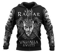 WSXJJ Tatouage Viking Valhalla Sweat-Shirt pour Hommes, Sweat Capuche Crâne Guerrier Nordique Chemise 3D Pull Décontracté Veste Cadeau,King Ragnar Zipper,M
