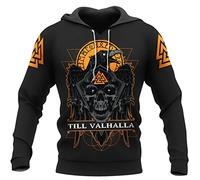 WSXJJ Tatouage Viking Valhalla Sweat-Shirt pour Hommes, Sweat Capuche Crâne Guerrier Nordique Chemise 3D Pull Décontracté Veste Cadeau,Till Valhalla Hoodie,L
