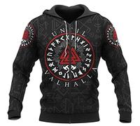 WSXJJ Tatouage Viking Valhalla Sweat-Shirt pour Hommes, Sweat Capuche Crâne Guerrier Nordique Chemise 3D Pull Décontracté Veste Cadeau,Valhalla Zipper,M