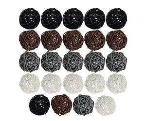 Wsymxuo 24/15 Boules Décoratives en Rotin Naturel Mélangé, Jouets pour Oiseaux, Décoration de Table pour Mariage, Noël, Remplissage de Vases, Fleuriste, Noir Gris Blanc 24
