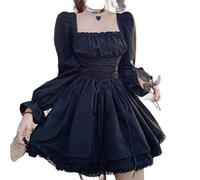 WSZJLN Adorable robe à manches bouffantes pour femme Y2K col carré Kawaii bord bord robe de fête Lolita jolie robe de princesse blanche élégante robe de fête - Noir (manches longues), L