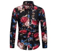 WSZJLN Chemise Florale à Manches Longues pour Hommes, Grande Taille, Chemise décontractée à la Mode, Fond Noir, Fleur Rouge, 4XL