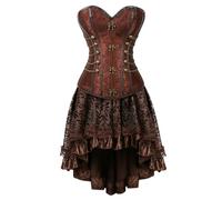 WSZJLN Steampunk Gothique Vintage Faux Cuir Corset Top Burlesque Bustier Lingerie Asymencal Floral Dentelle Jupe Femmes Sexy Corset Robe-2837marron 7056marron-M
