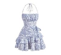 WTAXBH Robe Florale Spaghetti à Bretelles Robes Printemps-été ajustées, Fines et Mignonnes, à Fleurs, à Volants, col Licou, sans Bretelles, Mini-Robes de soirée for Femmes(XL)