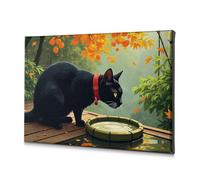WTD Toile décorative pour salle de bain Motif chat noir avec un collier orange Boissons d'un petit étang en automne 30 x 40 cm