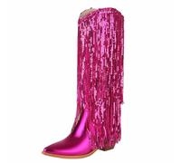 Wtharosa Bottes À Franges Paillettes Métalliques Haute Genou Style Western Bout Pointu pour Défilé Mode Fête Festival Nuit Club Danse Performance Tenue,Hot Pink,46 EU