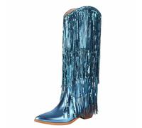 Wtharosa Bottes À Franges Paillettes Métalliques Haute Genou Style Western Bout Pointu pour Défilé Mode Fête Festival Nuit Club Danse Performance Tenue,Bleu,45 EU