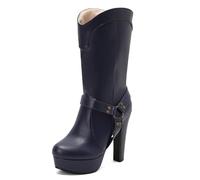 Wtharosa Bottes Défilé Mi-Mollet à Plateforme Gros Talon Bloc Courroie Harnais Bottes Habillées de Mode Talons Style Éditorial pour Événements de Mode et Looks du Soir,Bleu,44 EU